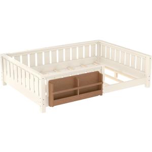 Bellemave Full Size Floor Bed with Slats and Safety Guardrail, Beige