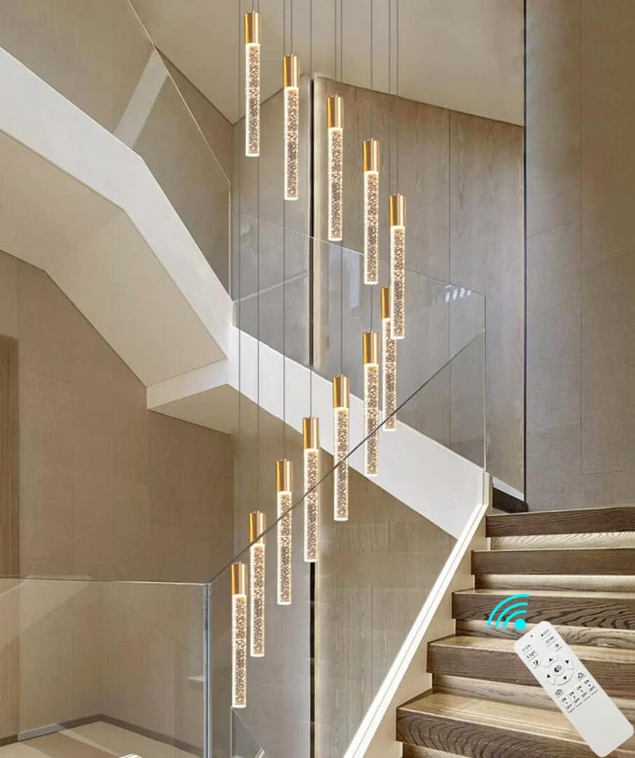 118" High Ceiling Chandelier Linear Crystal Pendants, Remote Dimmable, Compatible Sloped Ceilings, 12-Light Gold, 60 Watts LED, 4800 Lumens