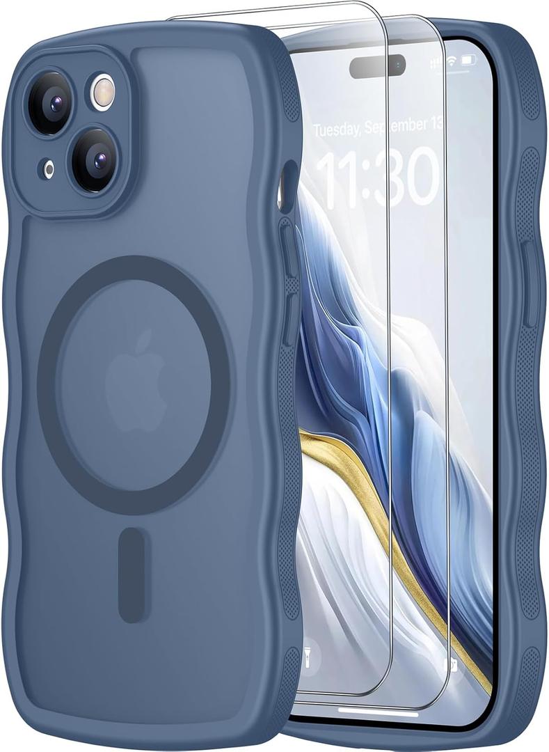 2 x SPIDERCASE Magnetic for iPhone 15 Case, [Curly Wavy Edge] with [2 Tempered Glass Screen Protector] [Full Camera Protection] Anti-Fingerprint Anti-Scratch Case for iPhone 15 6.1”, Blue