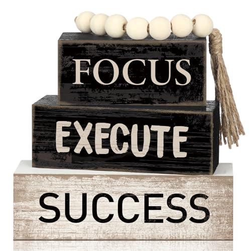 Yuntau 4 Pcs Motivational Wooden Tabletop Decor Inspirational Tiered Tray Decor Rustic Retro Wood Bead Garland Focus Execute Success Block Sign Gift Farmhouse Centerpiece for Home Shelf Mantle
