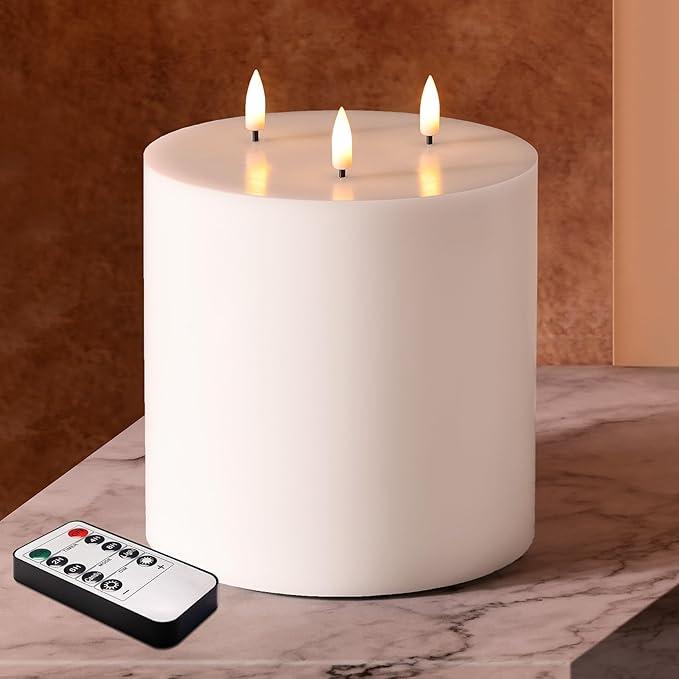 White 3 Wick Flameless Candle with Remote, 6x6 inch Giant LED Pillar Candle, Battery Operated Real Wax Flickering