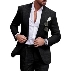 Linen Men Suit Set Casual Tuxedo 2 Piece Regular Fit Blazer One Button Solid Jacket and Pants for Prom Wedding Party (Black, XL)