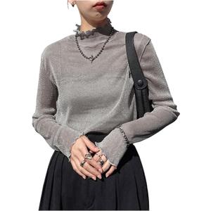 GORGLITTER Women's Mesh Long Sleeve Tops Mock Neck Frill Trim Fitted Glitter T Shirt Casual Tops Outfits (Medium, Grey)