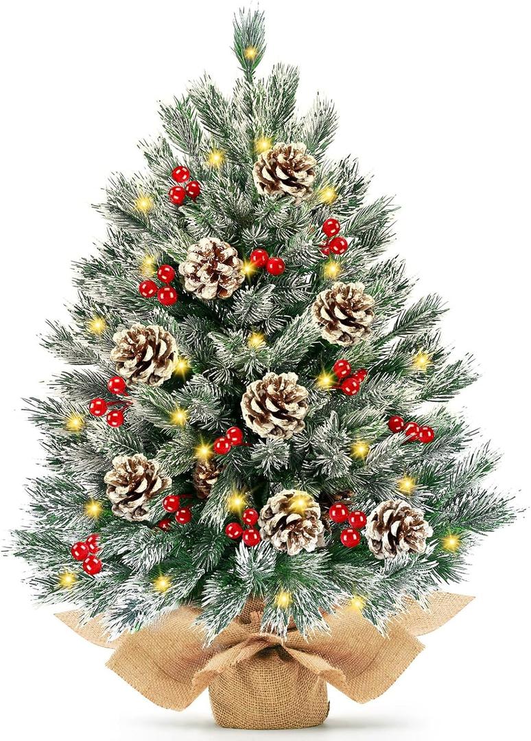 [ 8 Modes & Timer] 24 Inch Realistic Snowy Tabletop Christmas Tree Small Christmas Tree with 50 Warm Lights Battery Operated Red Berries Pine Cone Burlap Base Indoor Home Table Christmas Decorations