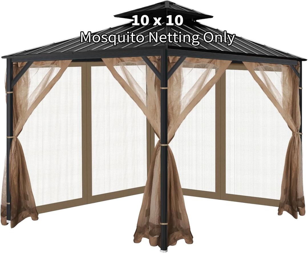 OIPUNSHLE Gazebo Universal Replacement Mosquito Netting, 10'x10' Gazebo Netting Outdoor, 4Panel Screen Walls for Outdoor Patio with Zipper (Mosquito Net Only) (Brown)