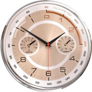 Modern Industrial Decorative Wall Clock with Temperature and Humidity Silent Non Ticking Battery Operated Silver Gold Quartz Clock for Living Room Decor 12.2 Inch