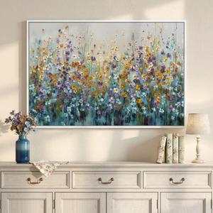 Framed Abstract Floral Wall Art, Blue Purple Green Flower Landscape Canvas Painting Prints, Modern Farmhouse Nature Colorful Wildflower Abstract Botanical for Living Room Bedroom Kitchen Decor, 24x36
