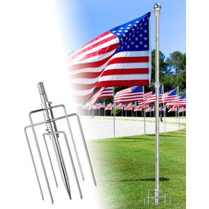 8FT In Ground Flag Pole for Outside House, Garden Flagpole with 304 Stainless Steel for Garden, Roadside, Campground, 7 Prongs Stabilizer Stand Base, Heavy Duty, Rust-Proof, Steady, Φ1 Inch (Silver)