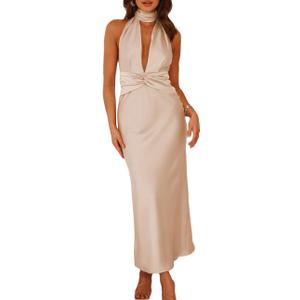 Summer Sexy Satin Backless Halter Maxi Dress for Women Elegant Sleeveless V Neck Twist Wedding Guest Dresses Cocktail (XS)