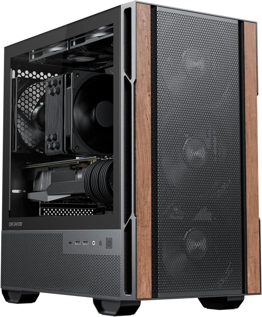Genuine Walnut Wood Micro ATX Case, MATX PC Case with 4  120mm 3 Pin Non-PWM Case Fans Pre-Installed, Temper Glass Side Panel, with Type-C, Black, Cypress 3 Wood