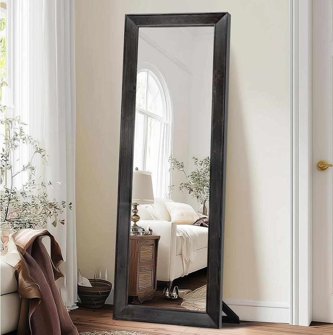 Full Length Mirror 65"x22" - Beveled Edge Rustic Black Dressing Mirror, Solid Wood Frame, Wall Mounted or Standing for Bedroom, Entryway, Living Room