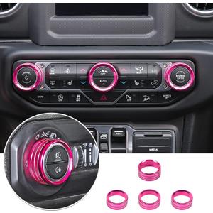 JeCar Air Conditioner Radio Switch Knob Cover & Headlight Knob Cover Aluminum Alloy AC Button Trims Compatible with Jeep Wrangler 2018-2023 JL JLU & 2020-2023 Gladiator Specific Dial Panel, Magenta