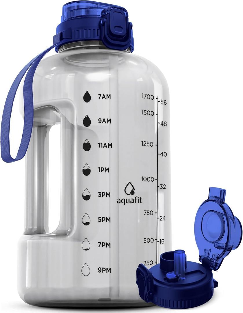 AQUAFIT Half Gallon Water Bottle with Time Marker - Straw & Chug Lid - BPA Free Gym Water Bottle with Straw - Big Gallon Jug (Clarity, 64 oz - 2in1 Lid)