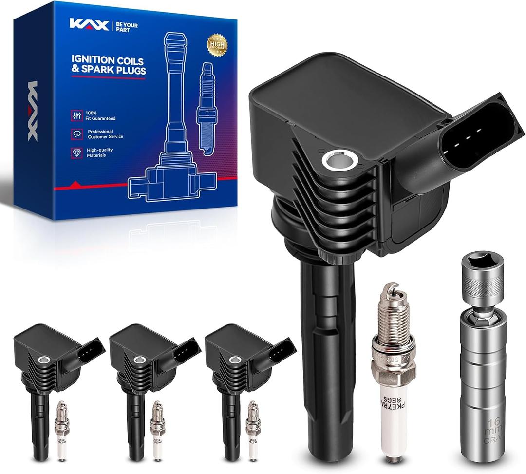 KAX Set of 4 UF718 Coils Pack & Iridium Spark Plugs w/Magnetic Socket for Volkswagen 2013 2016-2018 Jetta 1.4L, Audi 2016-2018 A3 Sportback e-tron