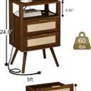 Veegle Rattan Nightstand with Charging Station,Modern Bedside Table with 2 Storage Drawer and Open Wood Shelf, for Bedroom and Small Spaces,Night Stand with Solid Wood Legs (Walnut Brown)