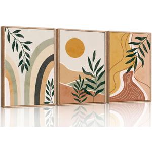 Modern Boho Framed Canvas Wall Art Set, Abstract Bohemian Sun Wall Decor, Mid-Century Minimalist Wall Painting, Geometric Botanical Art Print for Living Room, Bedroom, Office - 16"x24"x3