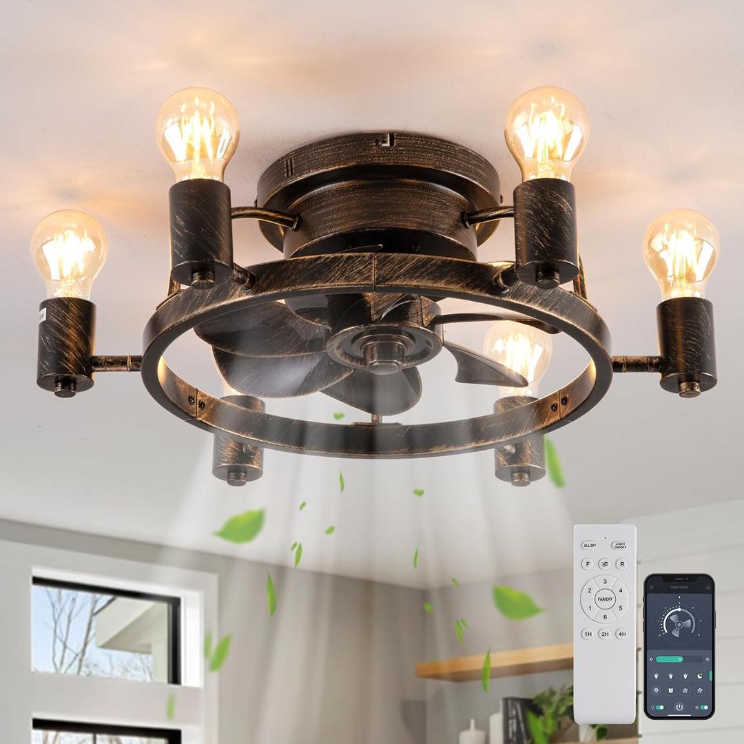 Garwarm Ceiling Fans with Lights and Remote, 20 Inch Low Profile Flush Mount Ceiling Fan with Light, Farmhouse Rustic Industrial Fan Lights Ceiling Fixtures for Bedroom,Kitchen(6 Speed,Timing)-Bronze