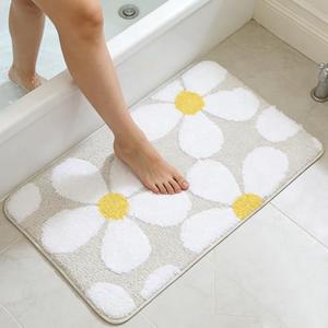 TONGSONG Cute Flower Bath Mat, Non-Slip TPR Backing Ultra Soft Microfiber Bathroom Rug, Machine Washable Absorbent Bath Rug for Tub Shower Sink Bedroom Dorm Restroom Toilet(Beige, 30x19 Inch)