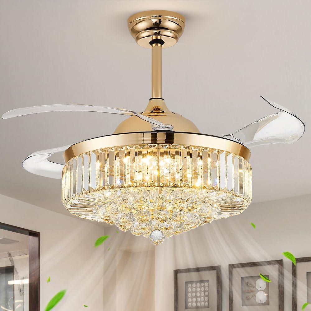 FIDGRA 42'' Fandelier Ceiling Fan with Light, Retractable Chandelier Fan, 3 Color Temperature, LED Dimmable, 6 Wind Speed, Crystal Ceiling Fan for Bedroom Living Room Dining Room-Gold