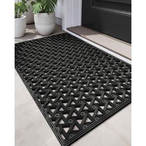 DEXI Front Door Mat Outside Entrance Rubber 19x30, Welcome Floor Doormat Heavy Duty Non Slip, Dirt Trapper Waterproof Exterior Entry Mats All Weather for Patio Entryway Drainage, Black