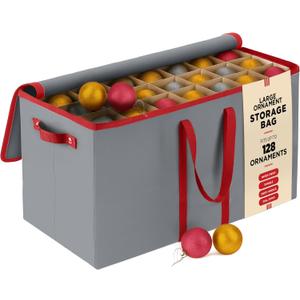 128 Ornament Storage Box – Adjustable Dividers, Stackable Holiday Ornament Organizer with Lid, Durable Fabric Bin for Christmas Decorations – Reinforced Handles, Dustproof & Space-Saving Design (Grey)