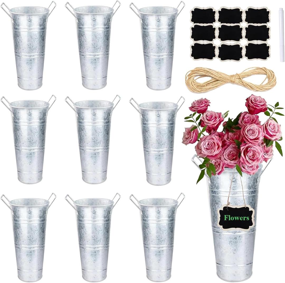 10 Set Galvanized Flower Buckets Farmhouse Flower Vases Metal Vases for Flowers Rustic Flower Bucket with Small Chalkboard Label Metal Flower Buckets for Flowers Wedding Table Centerpieces (10inch