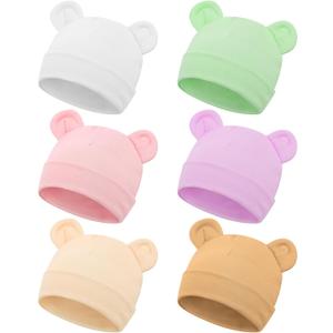 Toulite 6 Pcs Preemie Hats Cotton Preemie Beanies Baby Caps Cute Beanie Bear Ears Hospital Cap for Premature Baby Boys Girls (Light Colors)