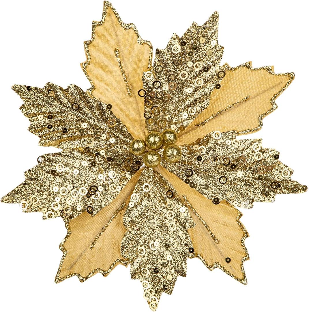 Briful 9'' Poinsettias Artificial Christmas Flowers 8PCS Silk Christmas Floral Picks and Sprays Large Gold Poinsettia Flowers with Clips for Xmas Tree Vase Arrangement Wreath Decor