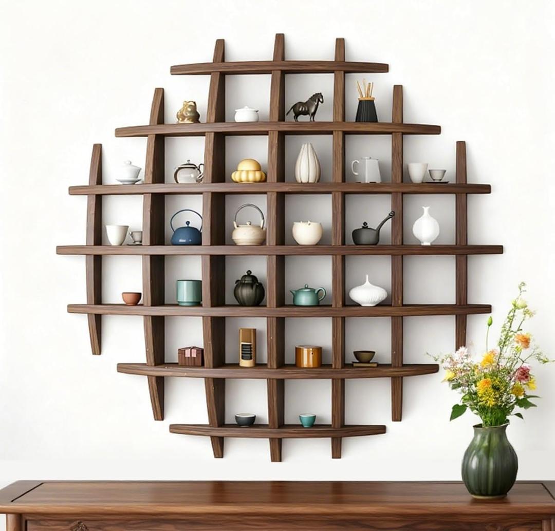 Sphere Solid Wooden Tea Cup Holder,Oversized Hanging Coffee Mug Display Rack Multi Slot Wall Decor Display Cabinet Mug Shelf for Wall for Kitchen Office Living Room(47.247.2'' Dark Brown)