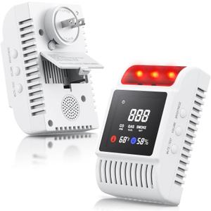 6-in-1 Smoke and Carbon Monoxide Detectors Plug in, Gas Leak Detector with Battery Backup Slot, Adjustable Brightness & Volume Levels, Smoke Alarm with Temp/Humidity for Home, RV, Travel(MR818,1-Pack)