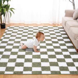 Super Soft Rug for Bedroom, 4x6 Ft Green and White Area Rug Classic Checkered Shaggy Anti-Skid High Pile Soft Fluffy Rug Fuzzy Carpet for Living Room Bedroom Kids Room Nursery, Dorm Home Decor