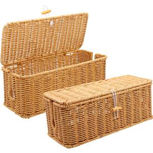 2PCS Cable Management Box, Handmade Rattan Cable Organizer, Open Slots Cords Hider Box Cord Basket Under Desk Cord Organizer for Computer Router USB Hub & Power Strip