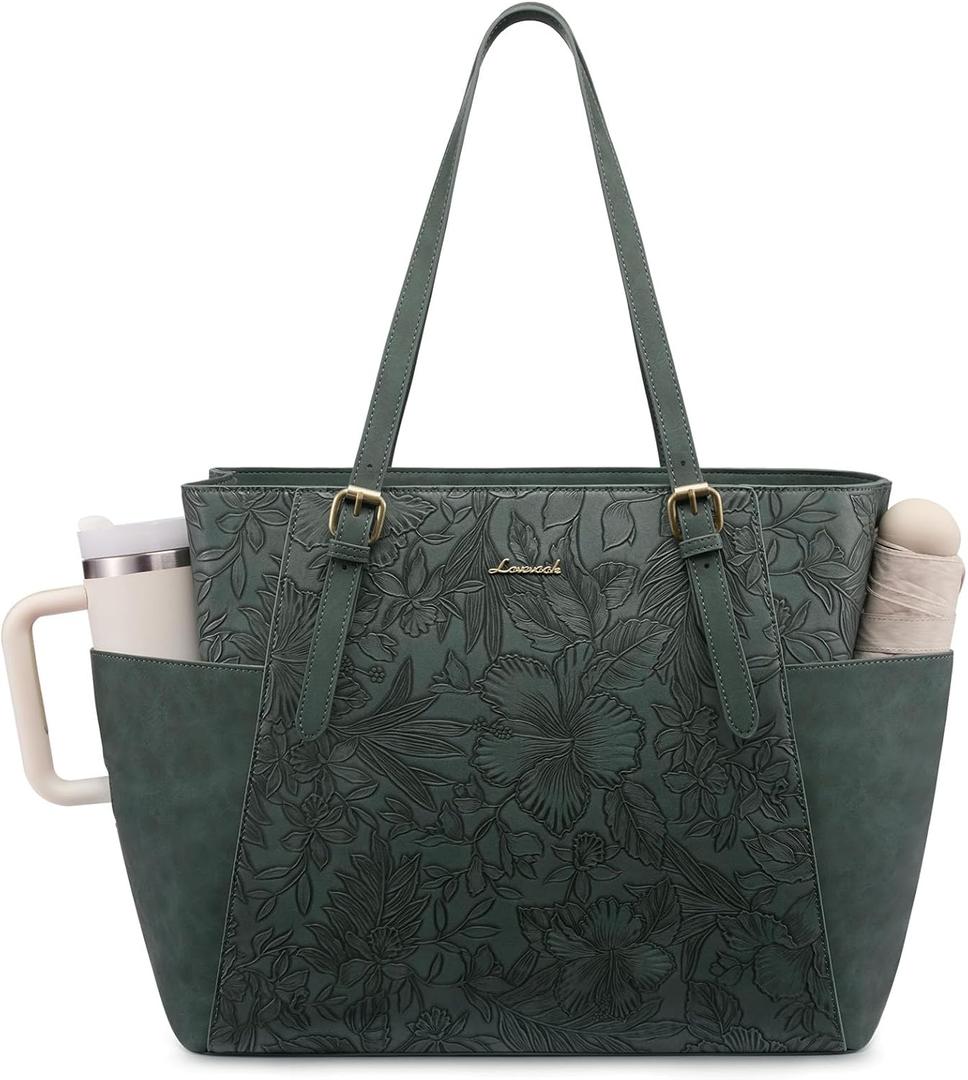 LOVEVOOK Laptop Tote Bag for Women With Large Cup Holder, Leather Work Tote Bag for Women,15.6 Inch Professional Computer Briefcase Business Teacher Commuter Shoulder Bag,Office Travel Gift (Green Embossed)