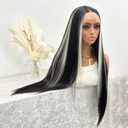 White Highlights Straight 134 Lace Front Wig Black And White Lace Front Wig Heat-Resistant Synthetic Fiber With 180% Density Pre-Plucked Hairline For Women Daily Party Use(24 Inch)