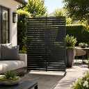 Kozyard Metal Privacy Screen 74" H x 47.2" W Decorative Outdoor Divider with Stand Panels Freestanding Screen Set for Deck Patio Balcony Garden Outdoor&Indoor(Black/Horizontal Slat)