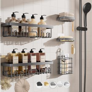 Veken Adhesive Shower Caddy 5-Pack,Heavy Weight Bearing,Large Wall Mounted Shower Shelves Rack,Organizer Storage Accessories with Soap Dish&Toothbrush Holder,Ideal for Bathroom,Home&Kitchen,Light Grey (5-Piece Set)