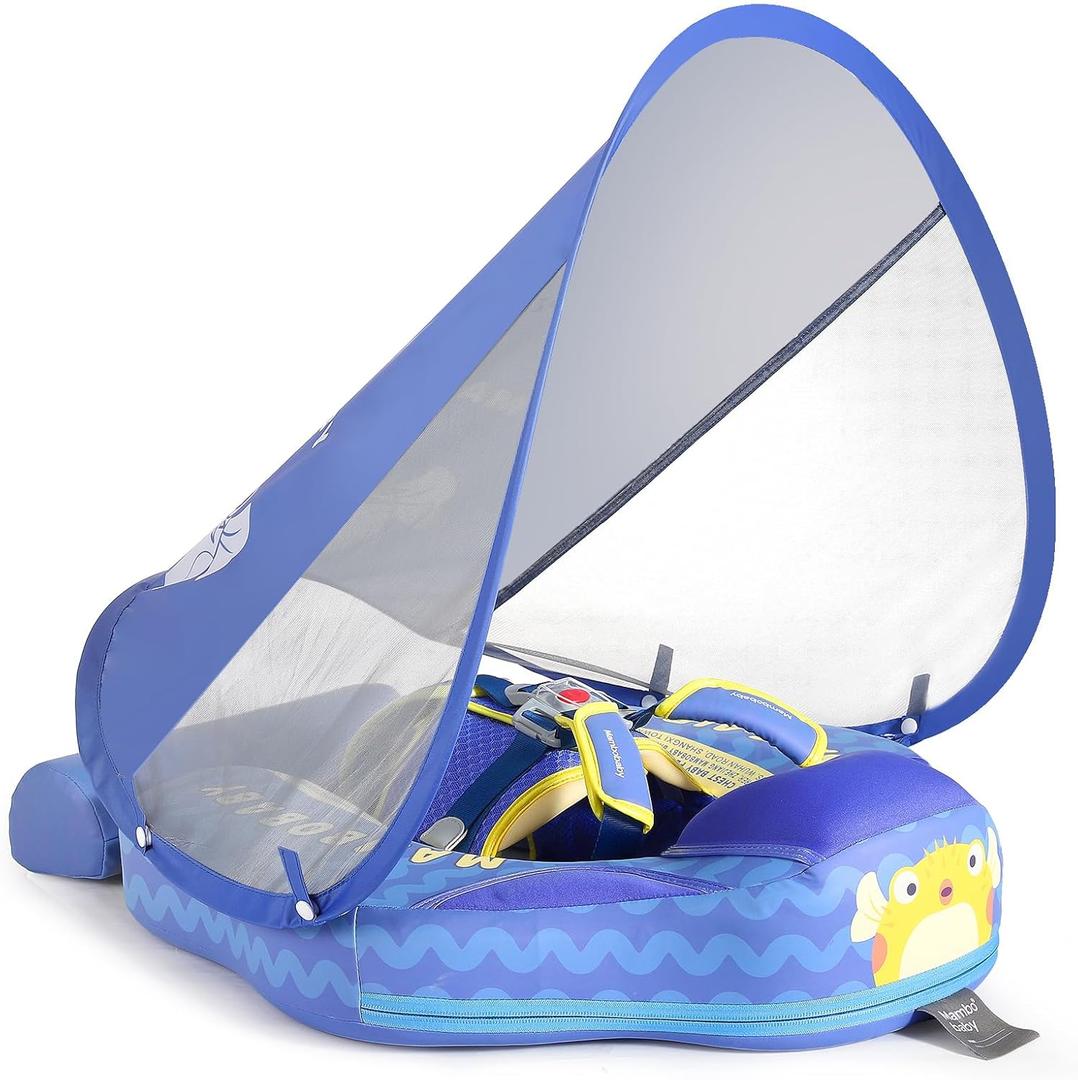 Mambobaby Float with Canopy and Tail New Upgraded Non-Inflatable Baby Pool Float Mambo Float Swim Trainer Solid Infant Swim Float Adjustable Pearl Foam Baby Swim Ring