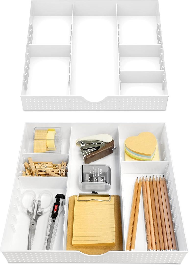 CAXXA 3 Slot Drawer Organizer with 4 Adjustable Dividers - 7 Compartments Junk Drawer Storage for Makeup & Vanity, Office Desk Supplies and Accessories,WHITE (2 Pack)