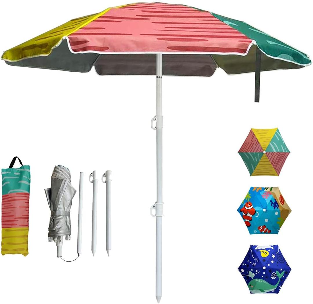 LOTTAFUN 5ft Beach Umbrella - Heavy Duty Wind Resistant UV 50+ Portable Sun Shade with Sand Anchor & Carry Bag, Outdoor Folding Umbrella for Beach,Pool,Patio,Garden (3 Color Block)