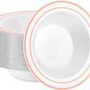 50 Pack Disposable Soup Bowls with Rose Gold Rim, 12oz Premium Heavy Duty Plastic Dinner Bowls for Party, Wedding and Holiday