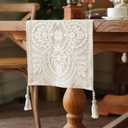 Embroidered Table Runner Boho Farmhouse Dresser Scarf Macrame Rustic Lace Doily with Tassel for Kitchen Indoor Outdoor Fireplace (Beige, 14 x 75 Inches)