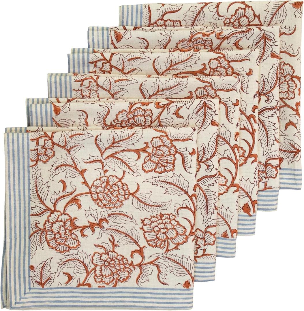 Handblock Print Patterned Cotton Cloth Napkins Set of 6, Washable, Reusable Napkins for Cocktail Parties, Home, Restaurant, Hotel, Event & Everyday Lunch, Dinner, 18" x 18"