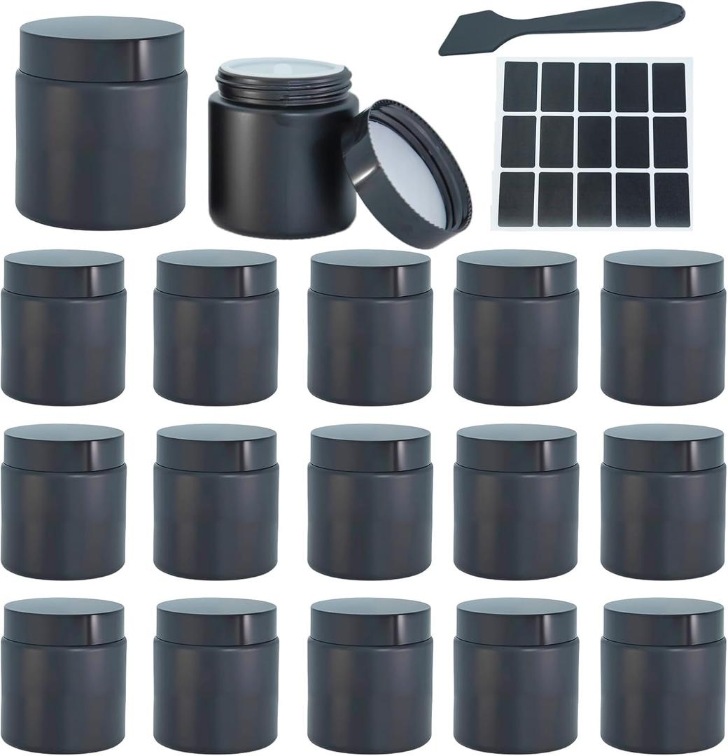 16Pack 4oz small glass jars with lids, lotion container, cosmetic containers, little travel jars for creams with mini spoon, Black Label (Matte Black)