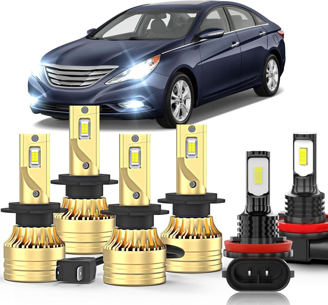 Compatible for Hyundai Sonata 2011-2014 LED Light Bulbs,H7 High Beam H7 Low Beams H8 LED Fog Light Bulbs, 500% Brightness,6000K White H8,Plug and Play, Pack of 6