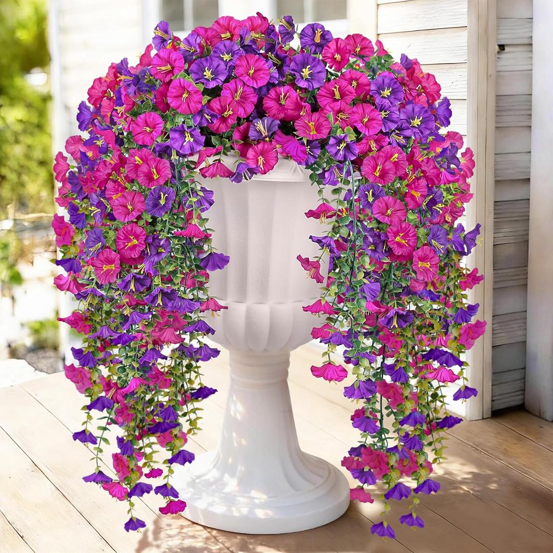 Artificial Hanging Flowers for Outdoors, 2 PCS 300 Blooms UV Resistant Morning Glory Faux Silk Vines, NoOdor Realistic Fake Plants for Garden Planter Porch Patio Decoration, Fuchsia & LightPurple