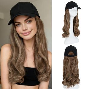 Benehair Hat Wig Extensions, Baseball Cap with Synthetic Hair Attached, Adjustable Wig Hairpieces for Women Daily Outdoor, 16 Inch Long Wavy Light Brown Mix Blonde Hair with Black Cap