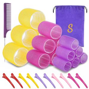 Self grip hair roller set,Hair roller set 18 pcs,Hair rollers with hair roller clips and comb,Salon hairdressing curlers,DIY Hair Styles, Sungenol 3 Sizes Hair Rollers in 1 set (Rose+Yellow+Purple)