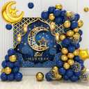 Eid Mubarak Decorations for Home - 70pcs Ramadan Decorations include Blue Gold Star Moon Balloons and Eid Mubarak Banner for Ramadan Decor