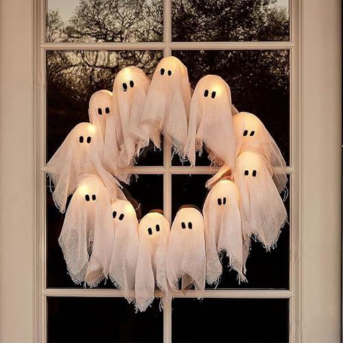Light-Up Halloween Ghost Wreath, 12 Glowing White Spooky Halloween Wreaths for Front Door, Outdoor & Indoor Hanging Decoration for Wall Door, Halloweens Decor