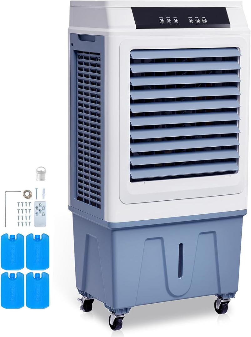 VEVOR Evaporative Air Cooler, 3100 CFM with 9 Gallon Water Tank Swamp Cooler, Portable Cooling Fan with Remote Control, 12H Timer, 4 Ice Boxes, Quiet Operation, 3 Wind Speeds for Outdoor Indoor Use